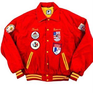 Vintage 80s Soccer Varsity Jacket Liverpool Red Patches Corduroy Sz XL